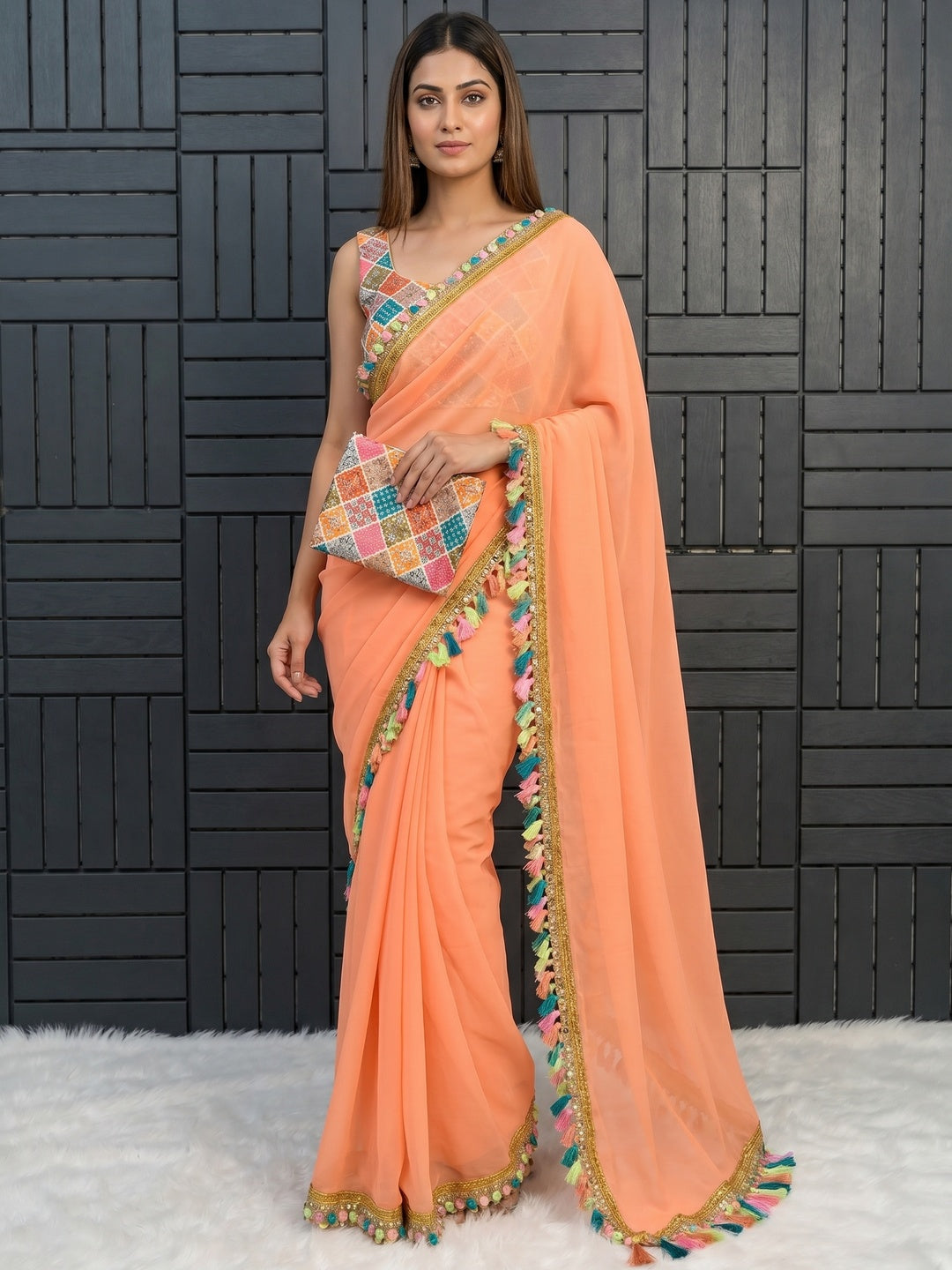 Peach Solid Georgette Saree With Sequins Embroidered Border - Image 1
