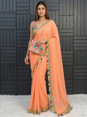 Peach Solid Georgette Saree With Sequins Embroidered Border - Image 1