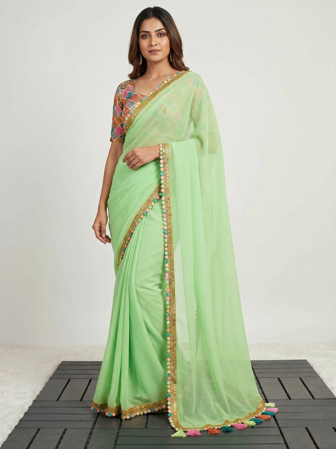 Green Solid Georgette Saree With Sequins Embroidered Border - Image 1