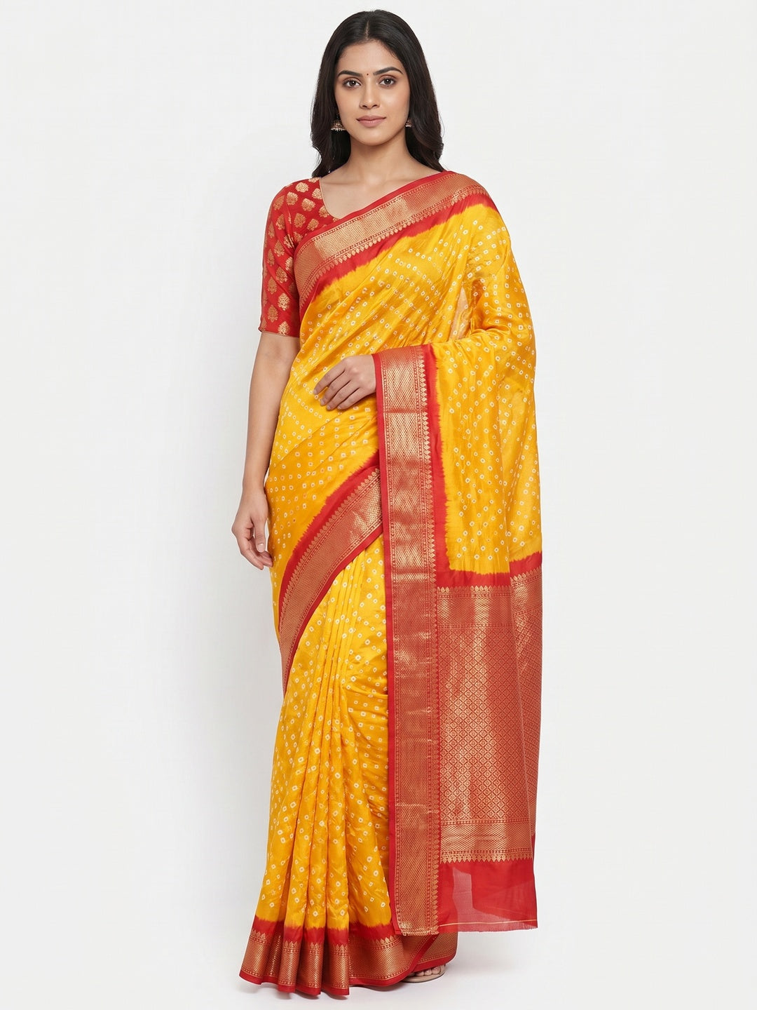 Yellow & Red Dola Silk Saree Featuring Traditional Bandhani Print & Woven Border - Image 1