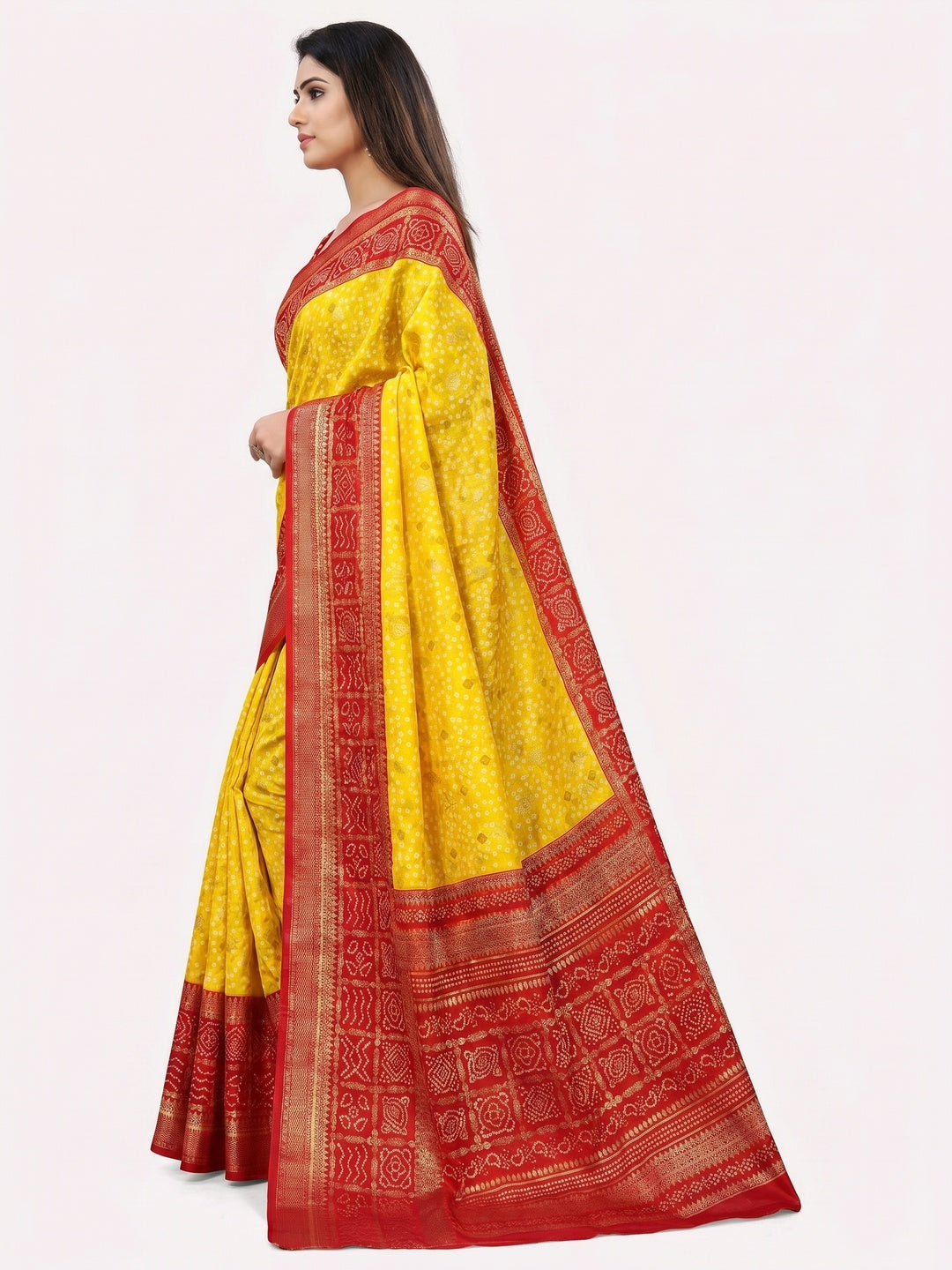 Yellow & Red Dola Silk Saree Featuring Traditional Bandhani Print & Woven Border - Image 3