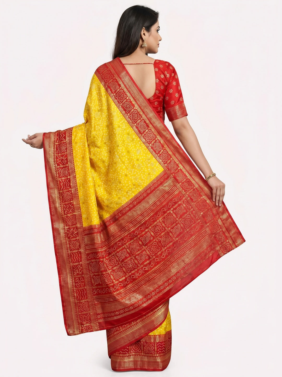 Yellow & Red Dola Silk Saree Featuring Traditional Bandhani Print & Woven Border - Image 2