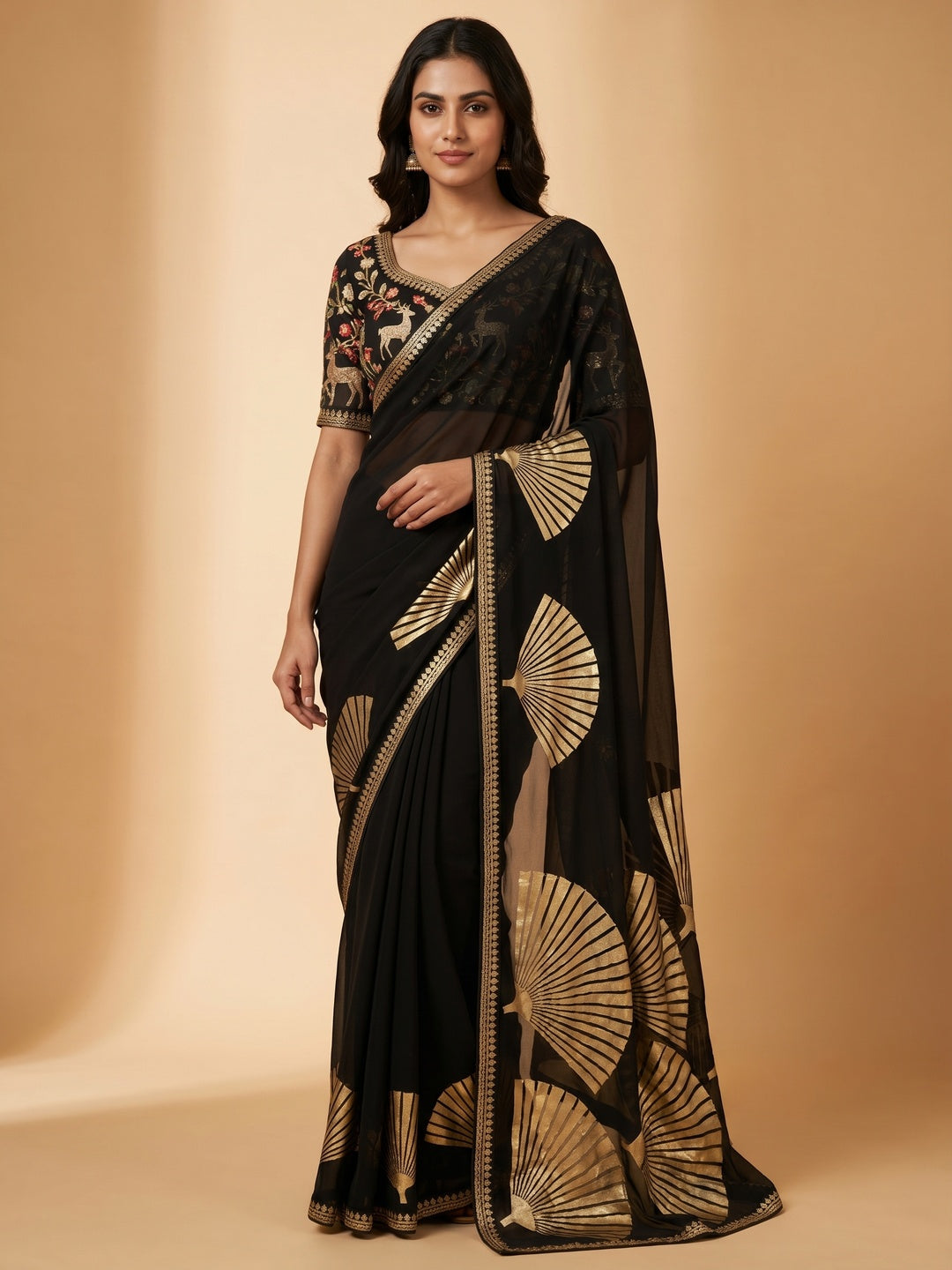 Black Foil Printed Georgette Saree - Image 1