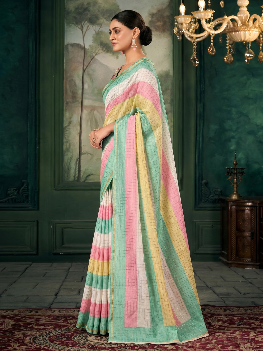 Turquoise Weaving Chanderi Saree - Image 1