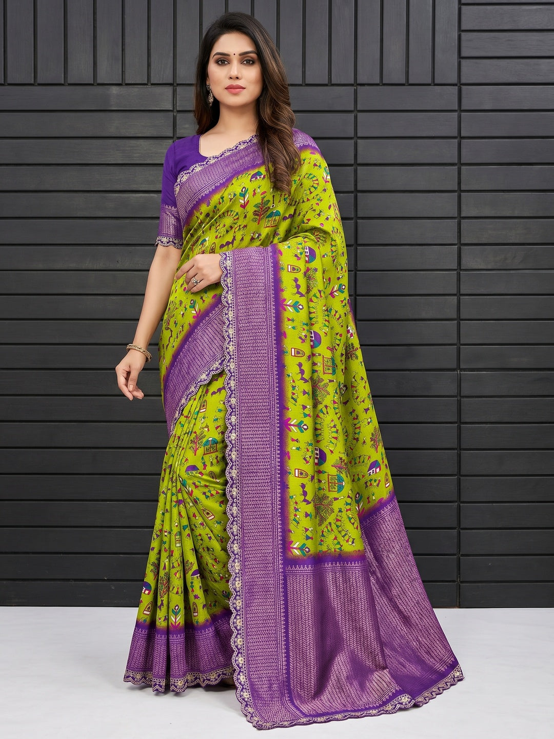 Green Warli Printed Dola Silk Saree With Zari Border - Image 1