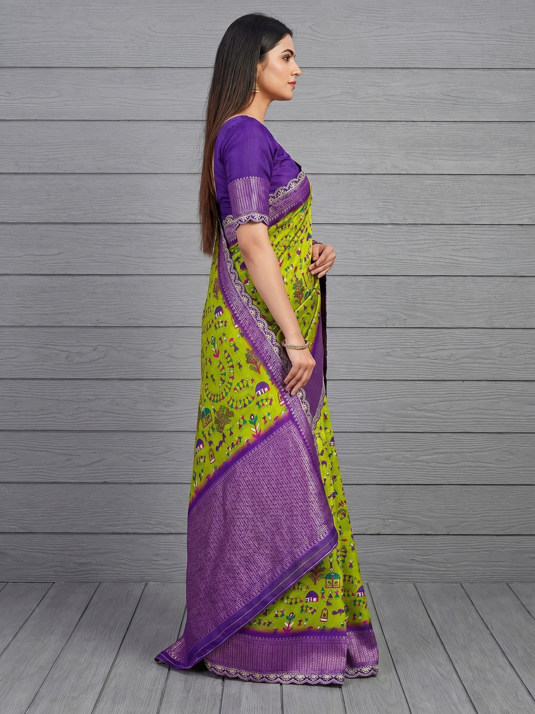 Green Warli Printed Dola Silk Saree With Zari Border - Image 2