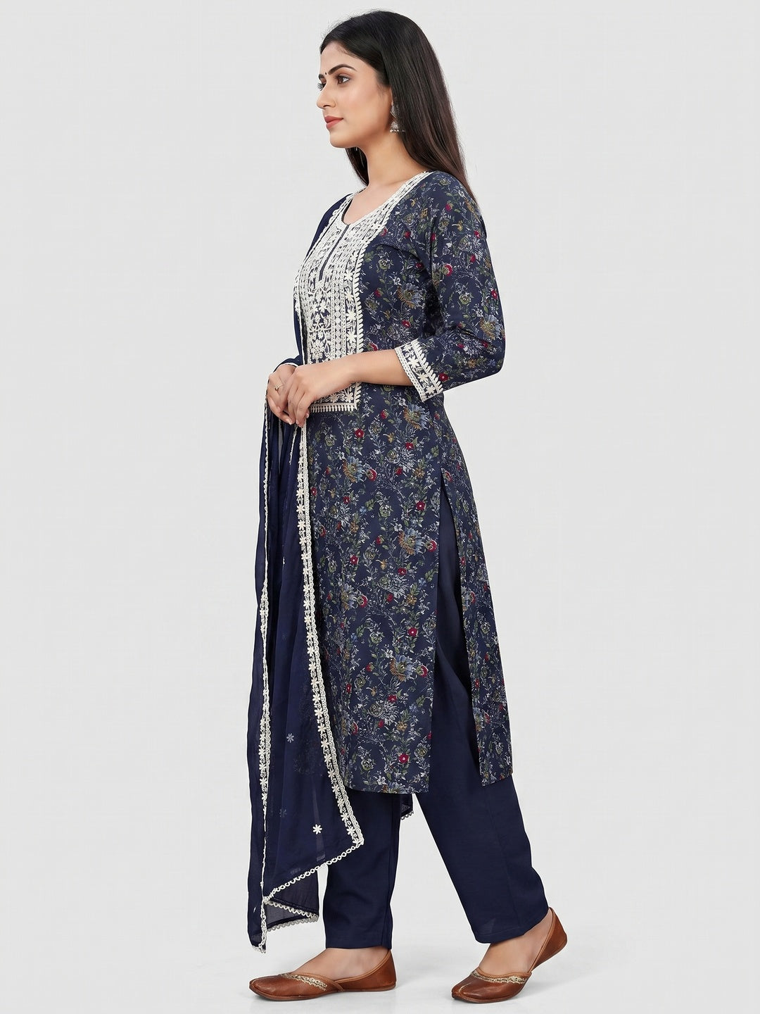 Navy Blue Floral Printed Cotton Silk Dress Material - Image 3