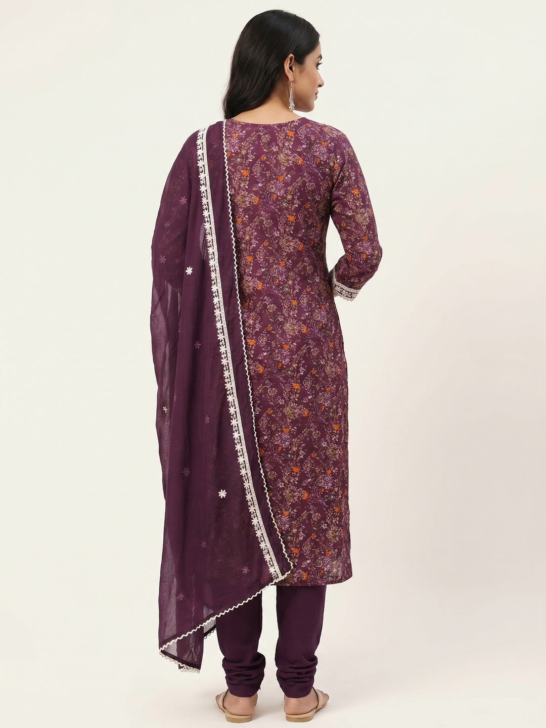 Purple Floral Printed Cotton Silk Dress Material - Image 3