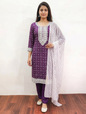 Purple Printed Rayon Dress Material - Image 1