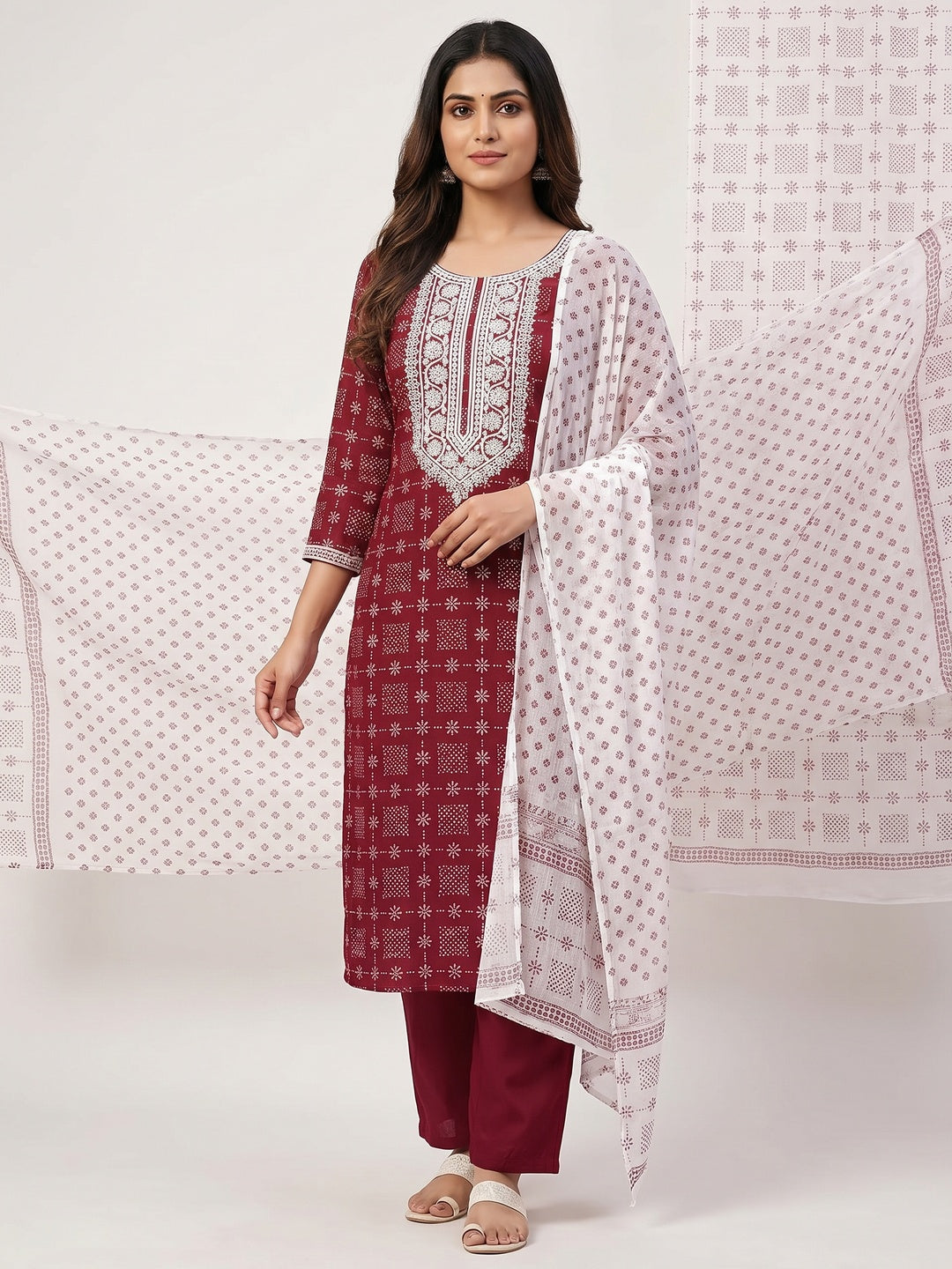 Maroon Printed Rayon Dress Material - Image 1