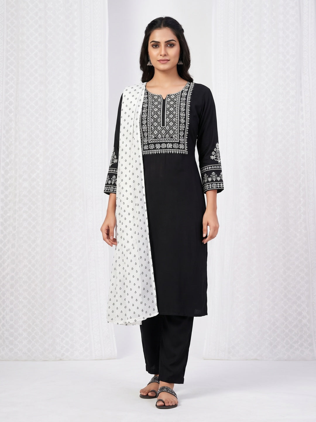 Black Printed Rayon Dress Material - Image 1
