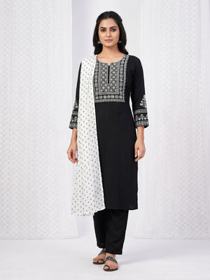 Black Printed Rayon Dress Material - Image 1