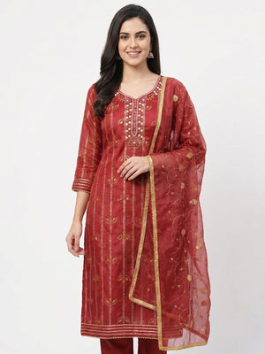 Red Floral Foil Printed With Handwork Chanderi Dress Material - Image 1