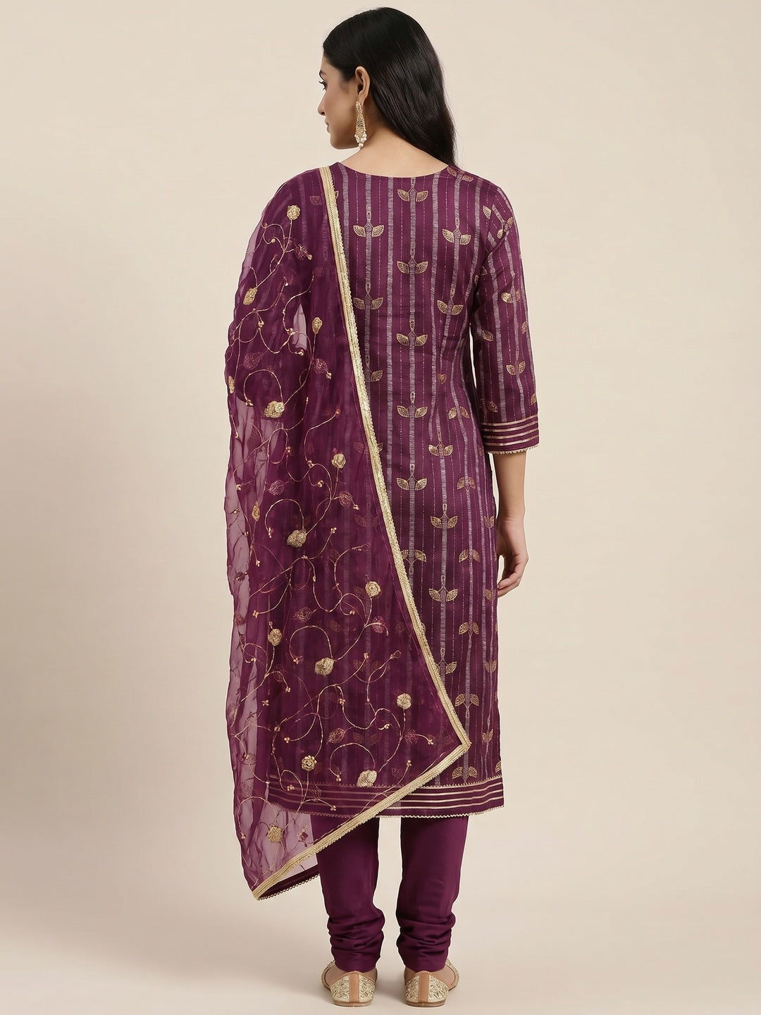 Purple Floral Foil Printed With Handwork Chanderi Dress Material - Image 3