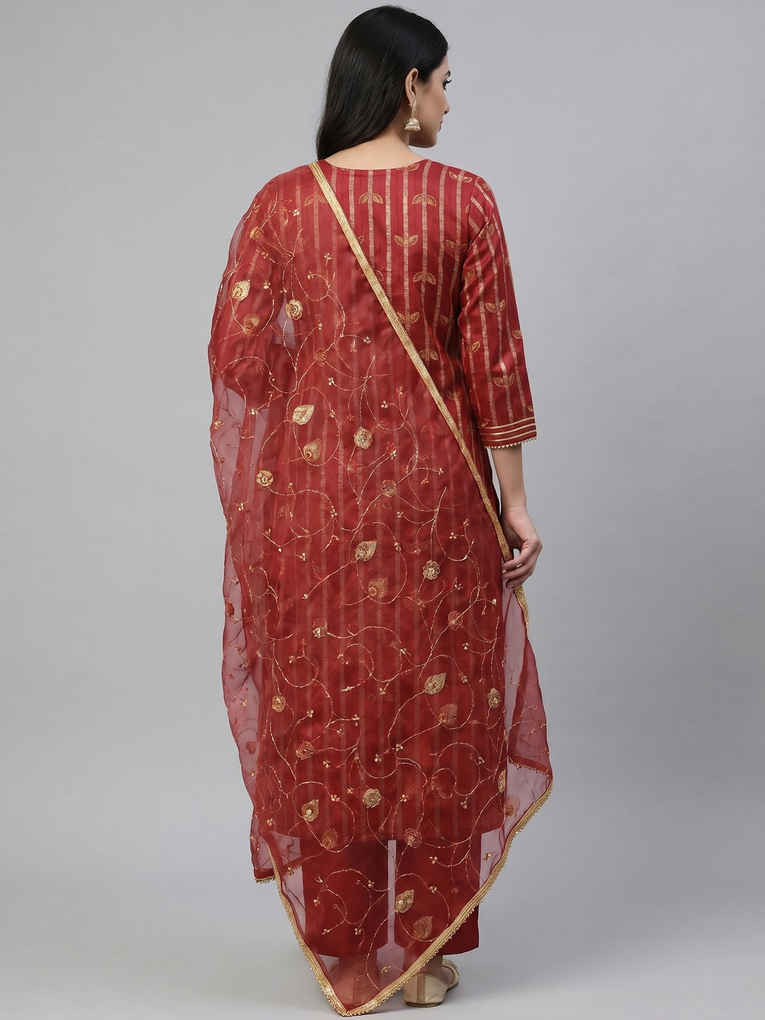 Red Floral Foil Printed With Handwork Chanderi Dress Material - Image 3