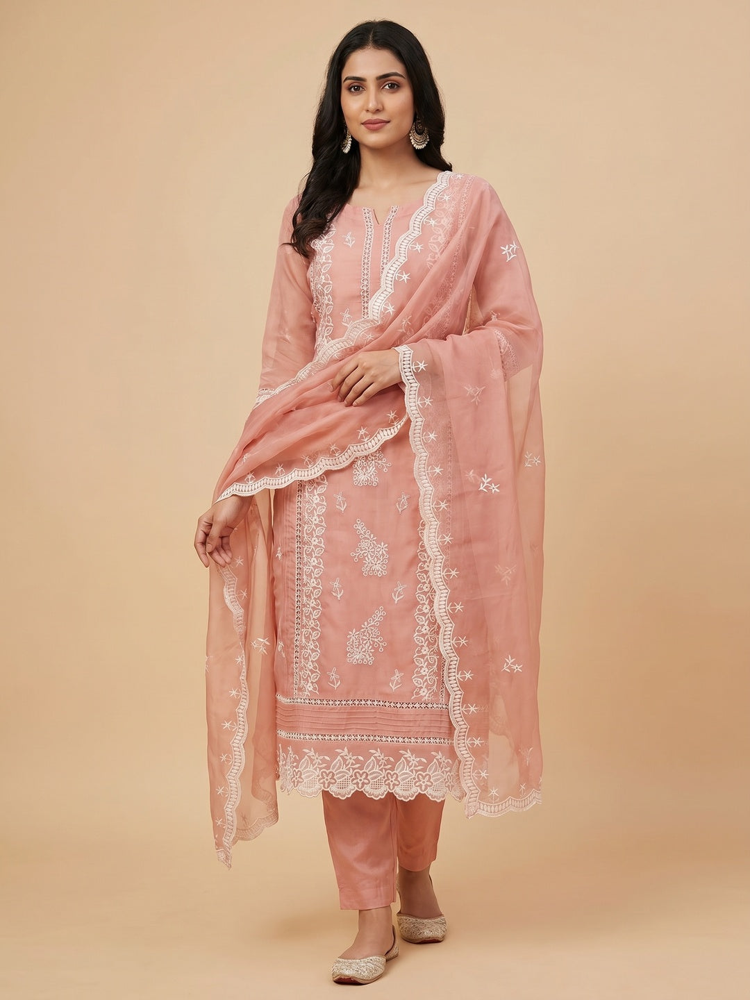 Peach Floral Sequins Embroidered Organza Dress Material - Image 1