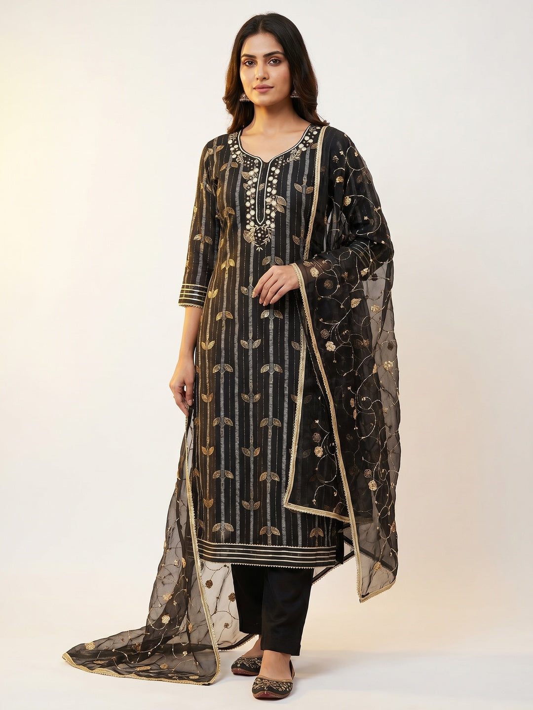 Black Floral Foil Printed With Handwork Chanderi Dress Material - Image 1