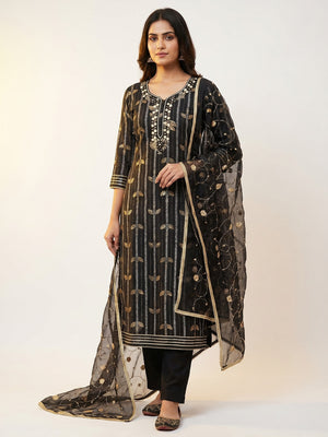 Black Floral Foil Printed With Handwork Chanderi Dress Material - Image 1