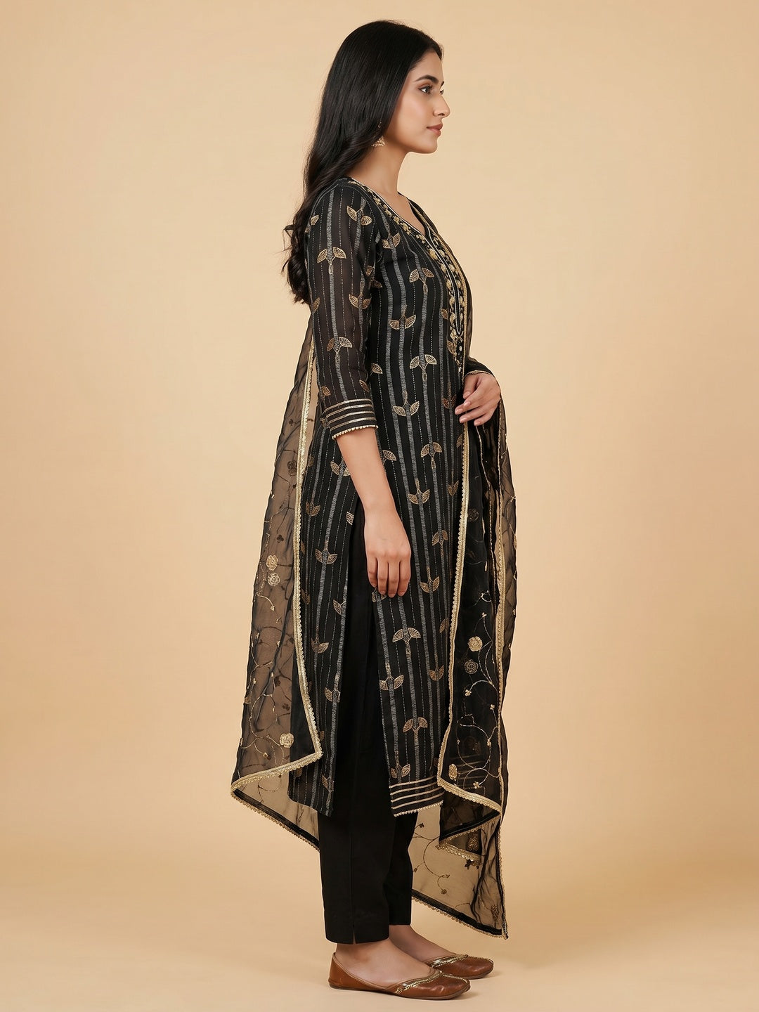 Black Floral Foil Printed With Handwork Chanderi Dress Material - Image 2