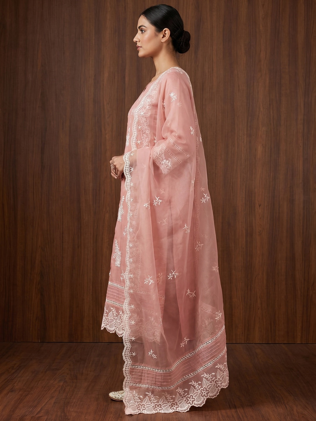 Peach Floral Sequins Embroidered Organza Dress Material - Image 3