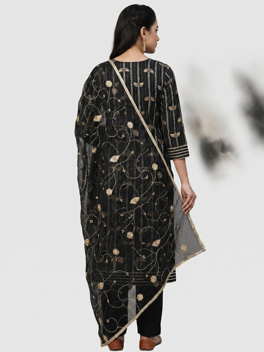 Black Floral Foil Printed With Handwork Chanderi Dress Material - Image 3