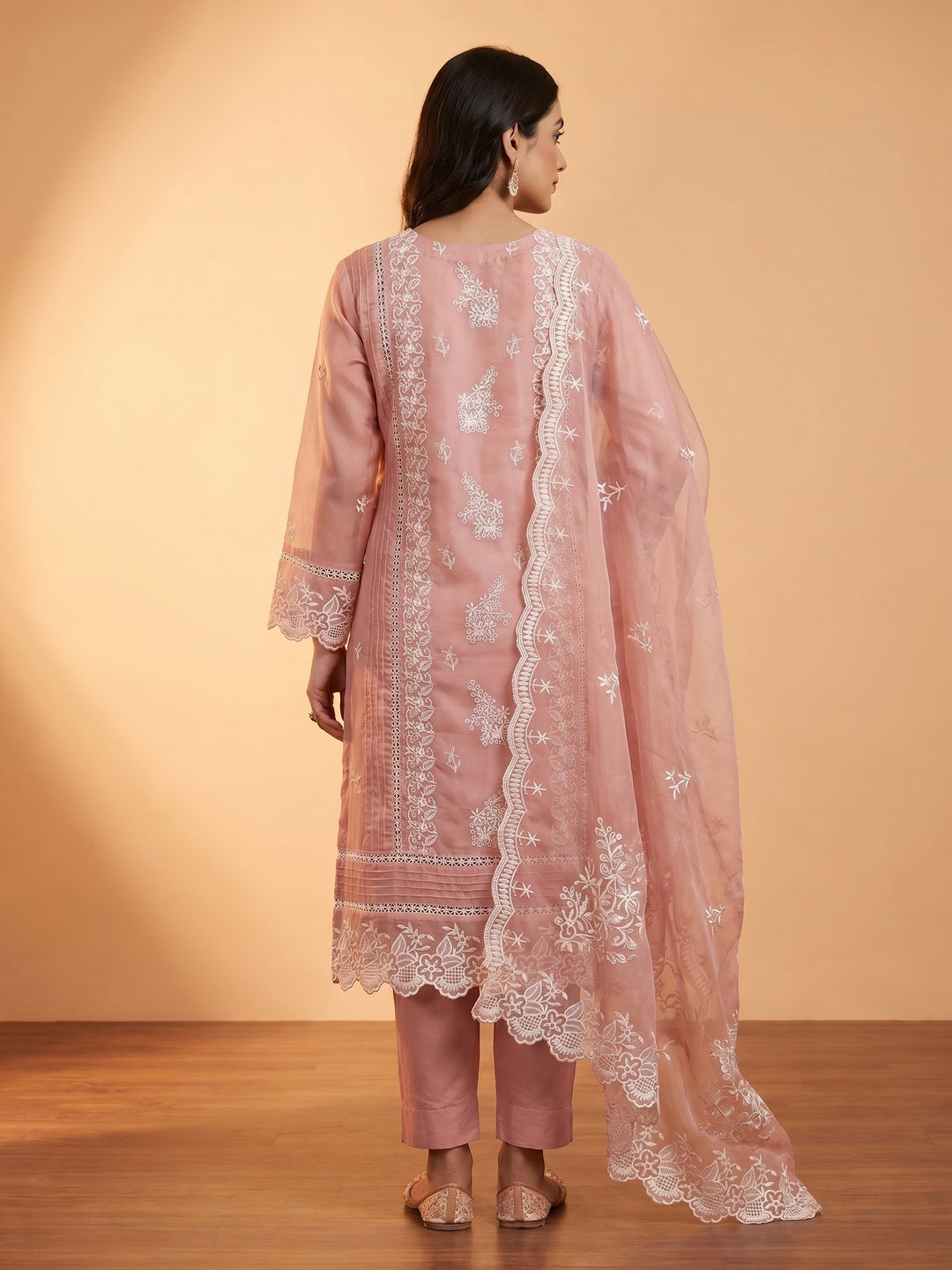 Peach Floral Sequins Embroidered Organza Dress Material - Image 2