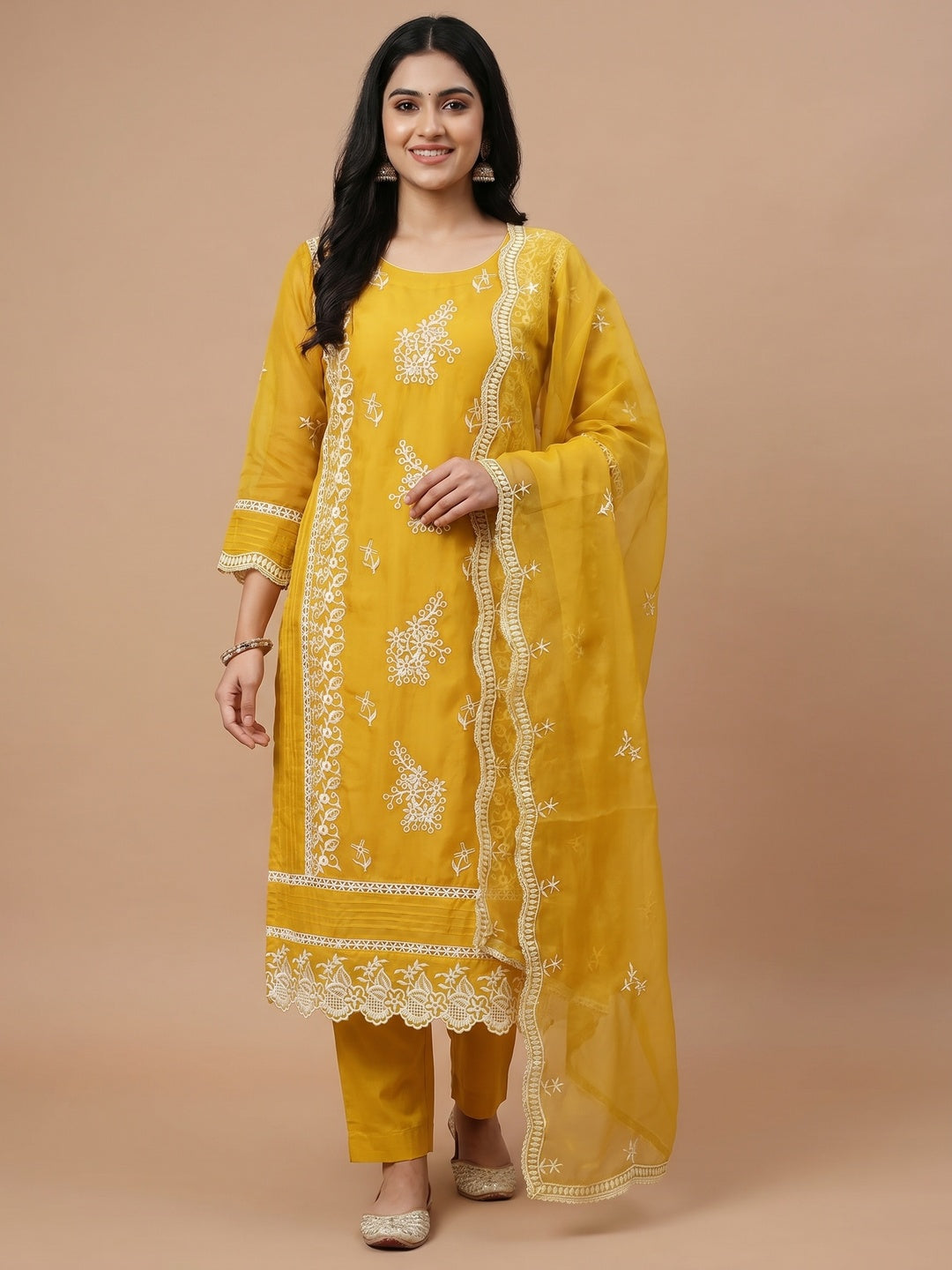 Mustard Floral Sequins Embroidered Organza Dress Material - Image 1