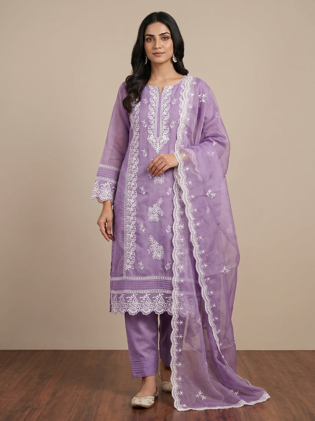 Lavender Floral Sequins Embroidered Organza Dress Material - Image 1