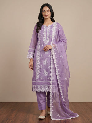 Lavender Floral Sequins Embroidered Organza Dress Material - Image 1