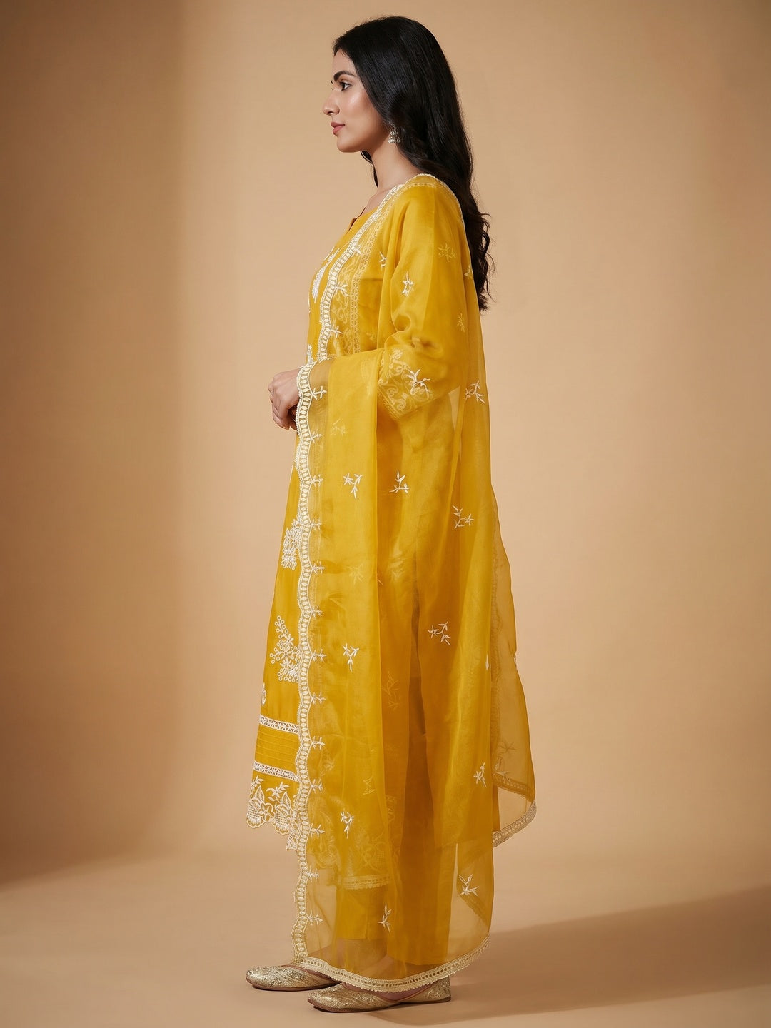 Mustard Floral Sequins Embroidered Organza Dress Material - Image 3