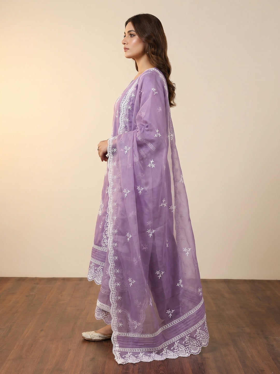 Lavender Floral Sequins Embroidered Organza Dress Material - Image 3