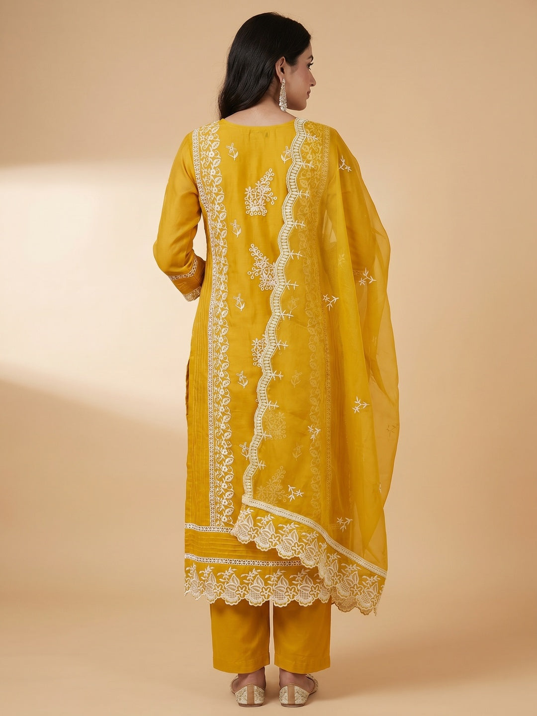 Mustard Floral Sequins Embroidered Organza Dress Material - Image 2