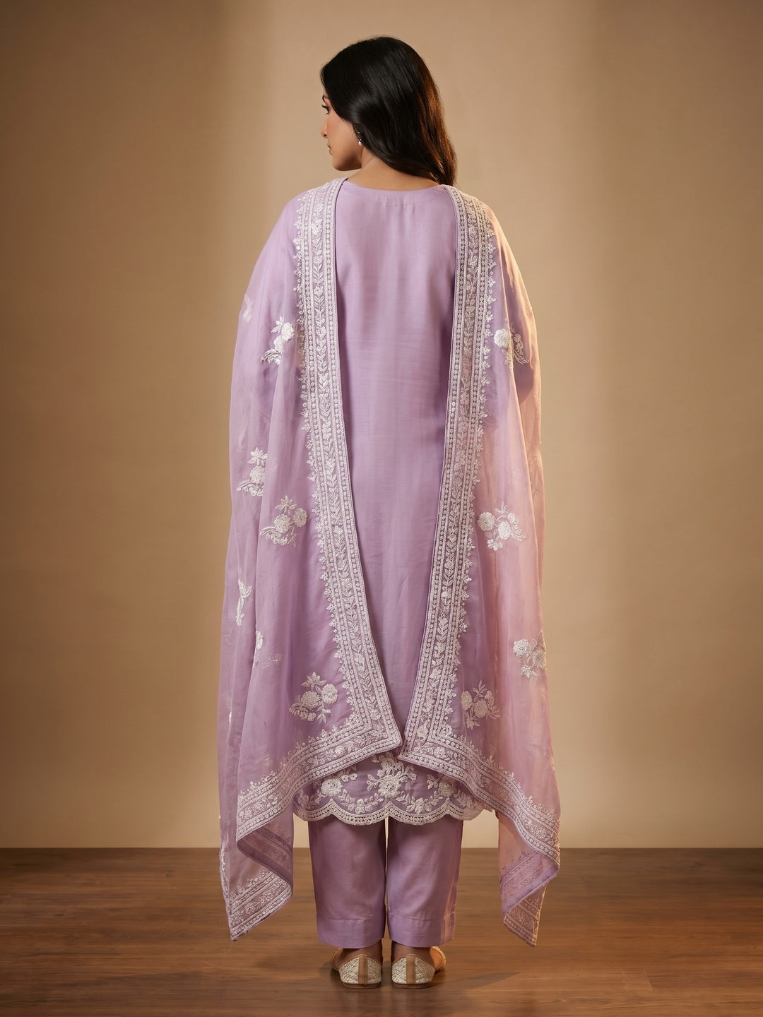 Lavender Floral Sequins Embroidered Organza Dress Material - Image 2