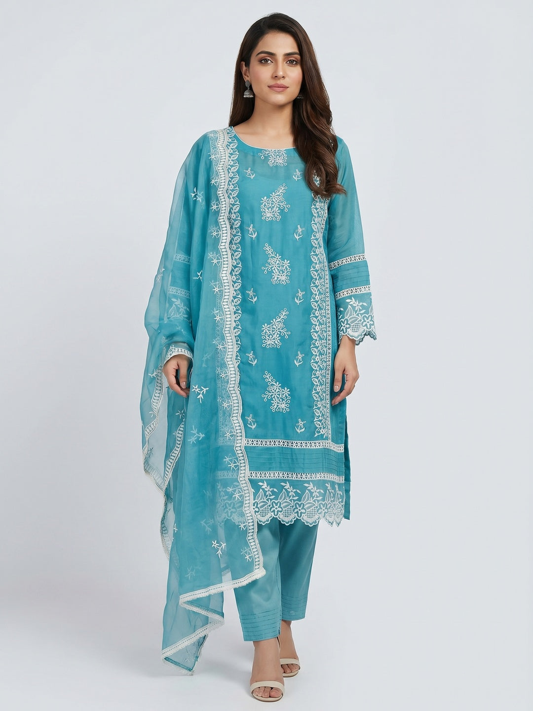 Blue Floral Sequins Embroidered Organza Dress Material - Image 1