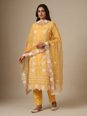 Yellow Floral Embroidery With Stonework Organza Dress Material - Image 1