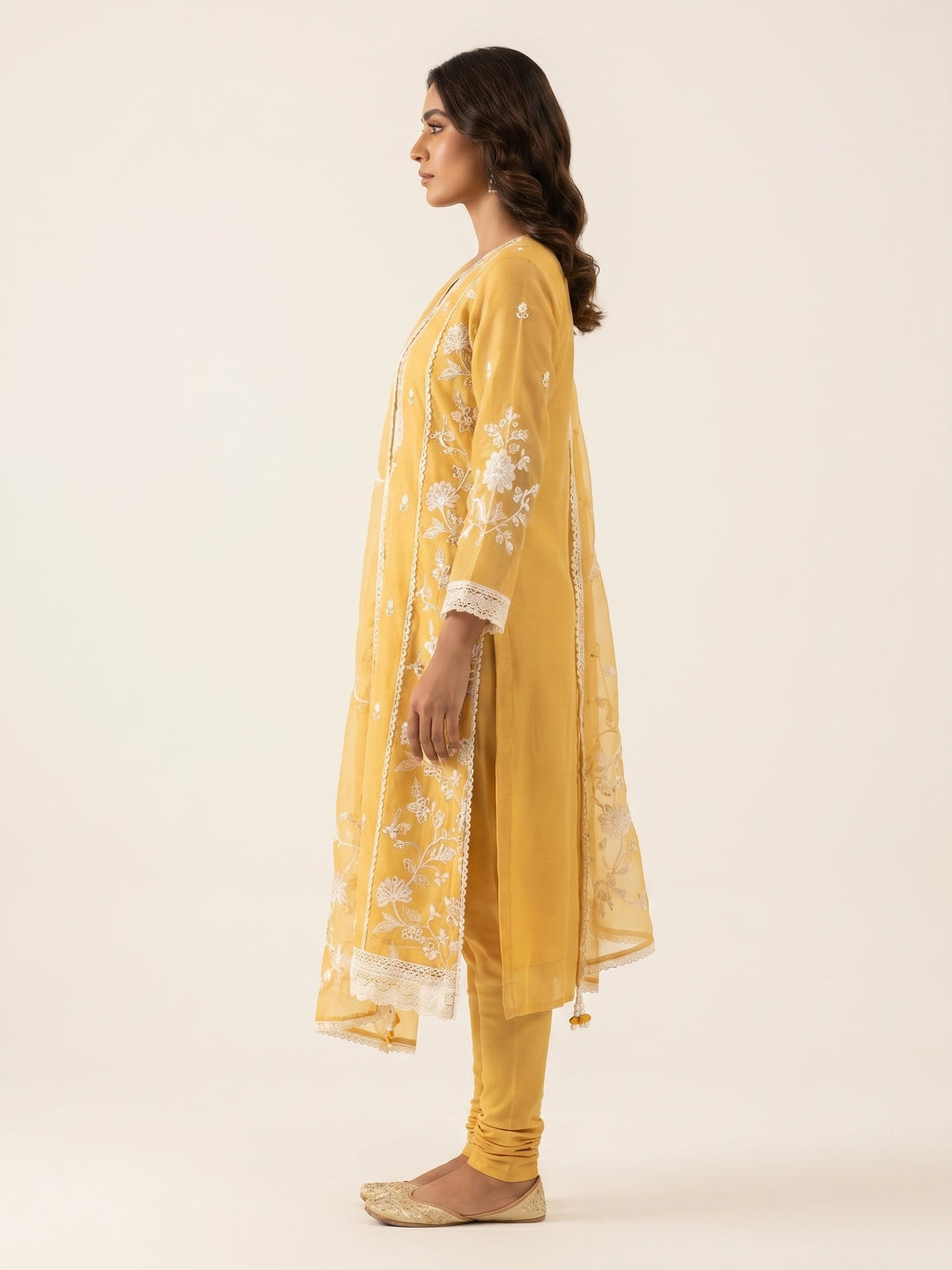 Yellow Floral Embroidery With Stonework Organza Dress Material - Image 3