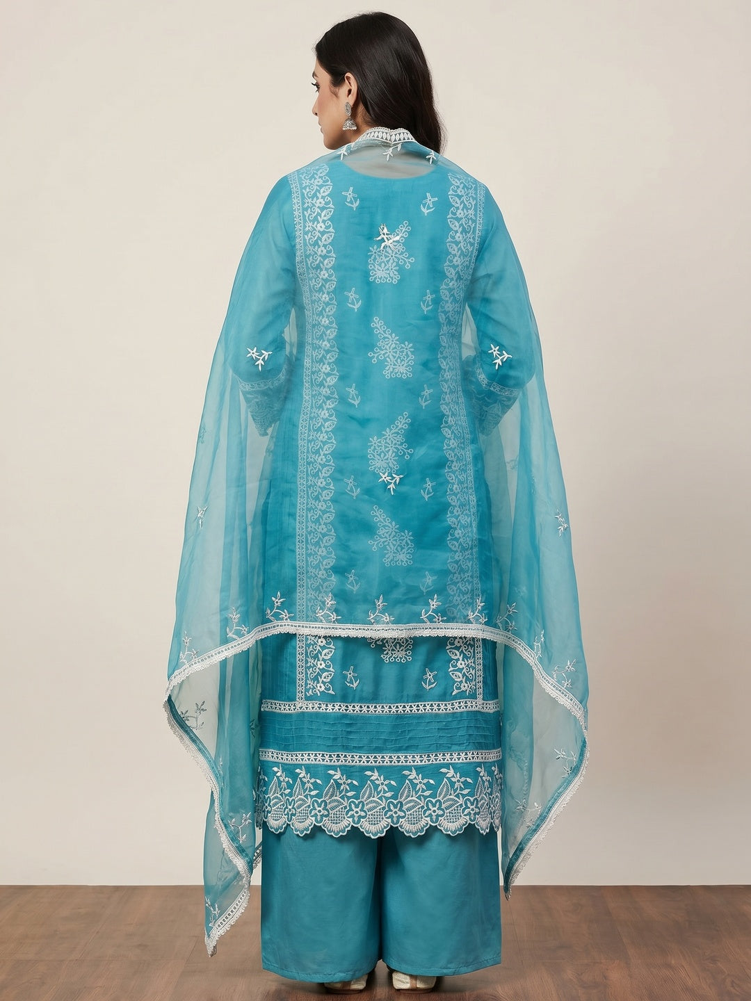 Blue Floral Sequins Embroidered Organza Dress Material - Image 3
