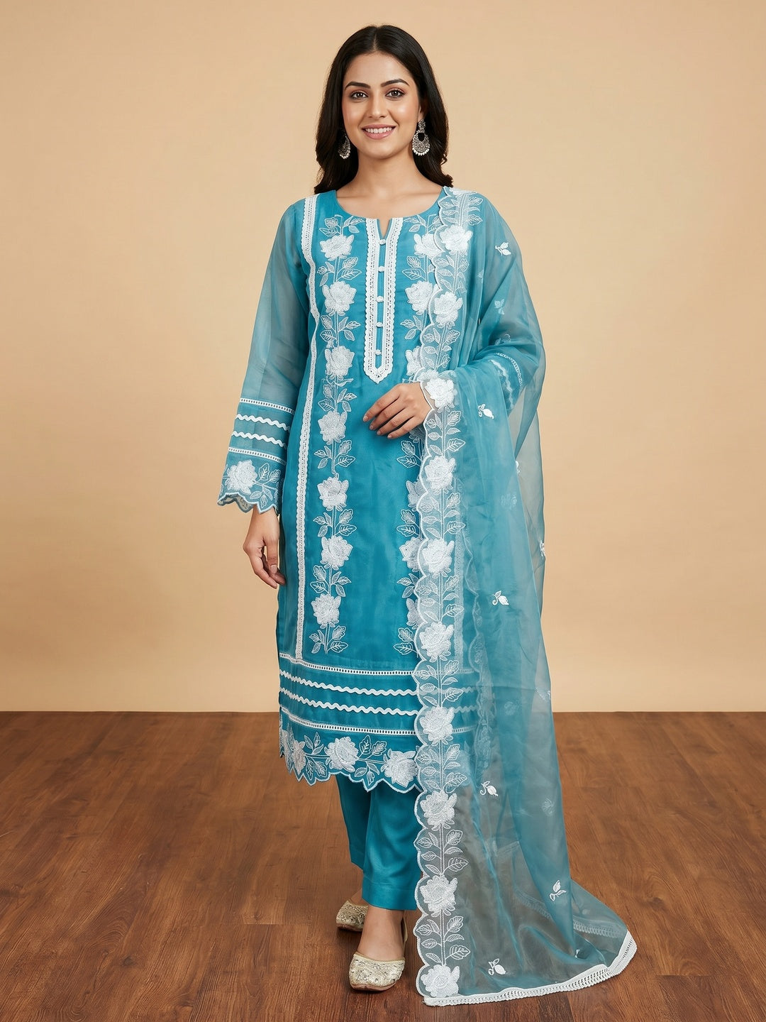 Blue Floral Embroidery With Stonework Organza Dress Material - Image 1