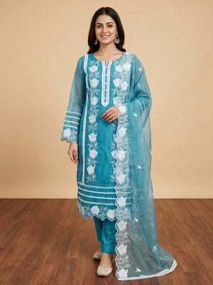Blue Floral Embroidery With Stonework Organza Dress Material - Image 1