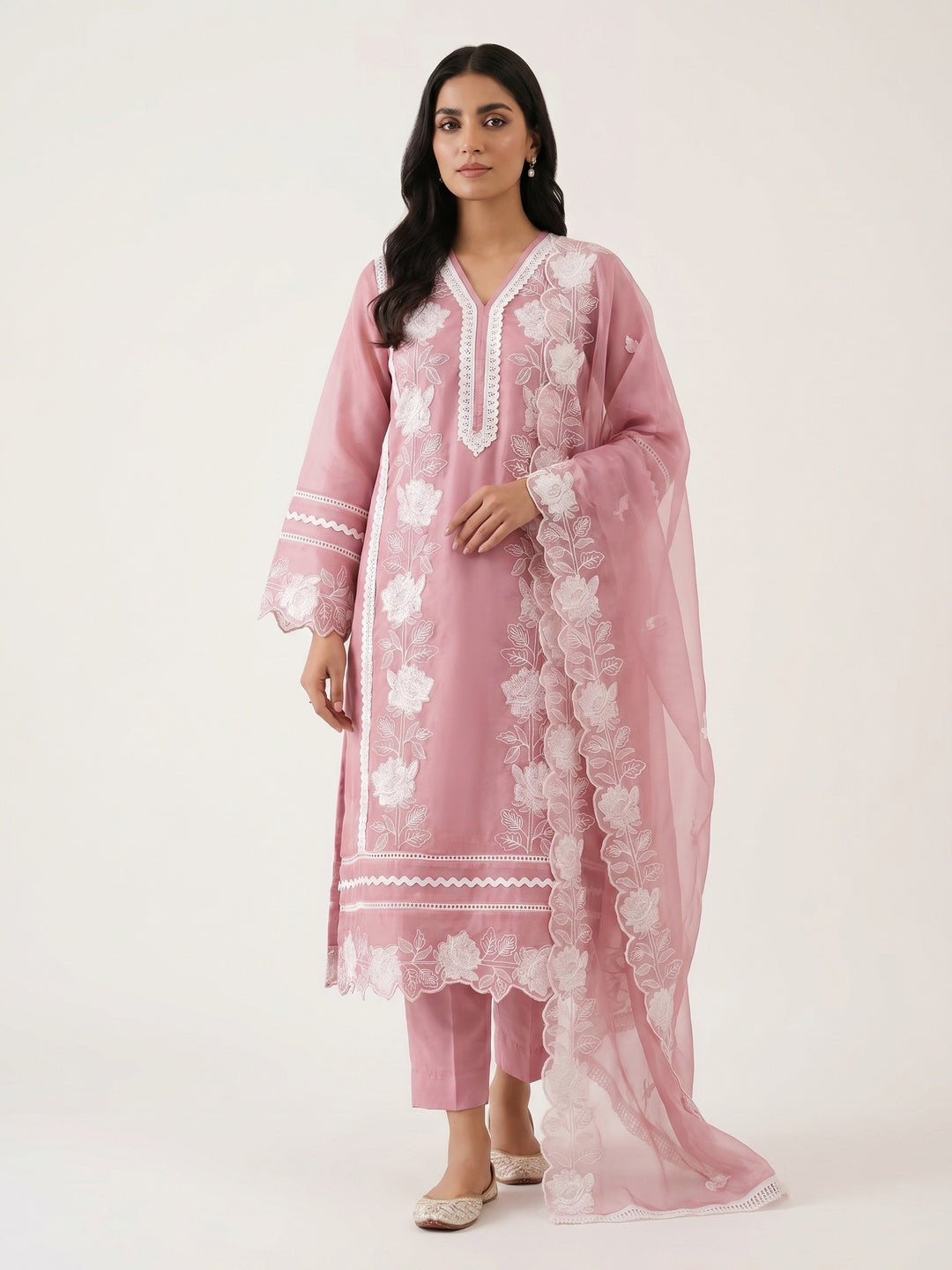 Onion Pink Floral Embroidery With Stonework Organza Dress Material - Image 1