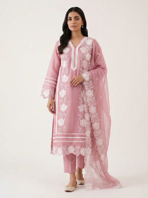 Onion Pink Floral Embroidery With Stonework Organza Dress Material - Image 1