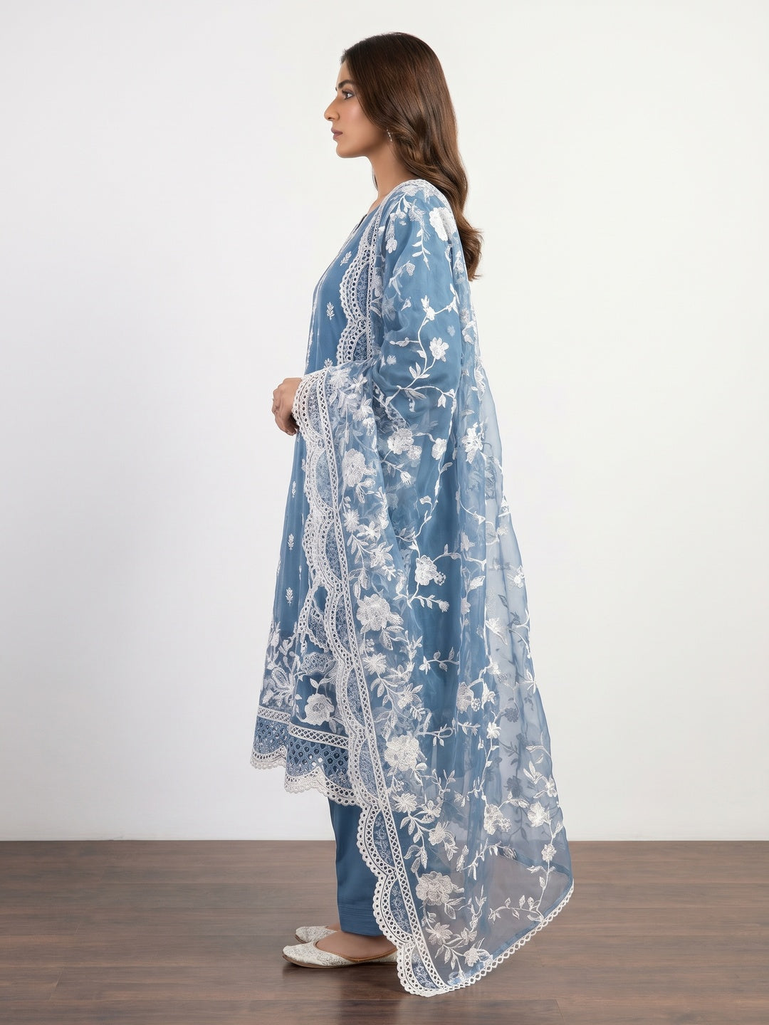 Blue Floral Embroidery With Stonework Organza Dress Material - Image 3