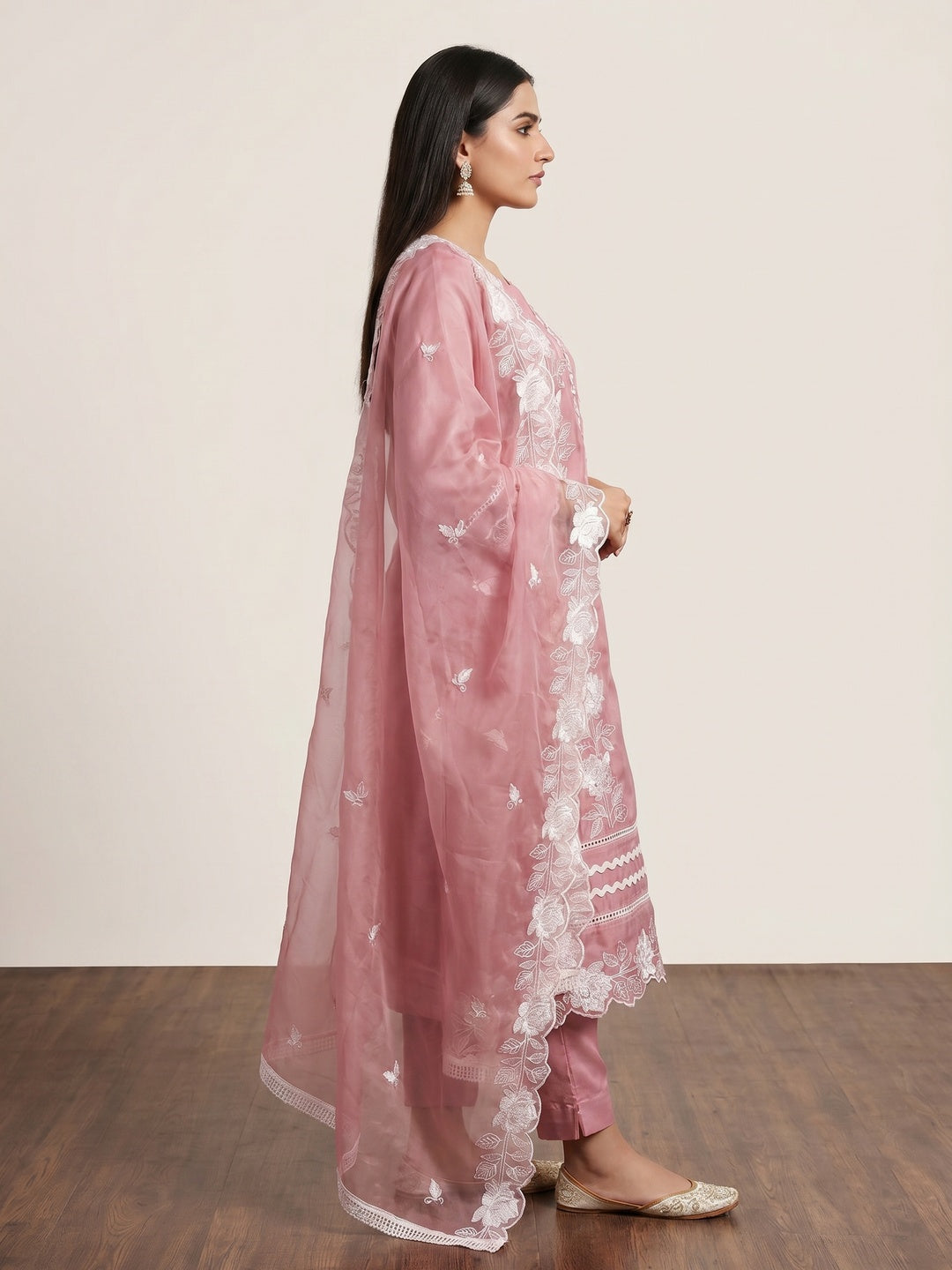 Onion Pink Floral Embroidery With Stonework Organza Dress Material - Image 2