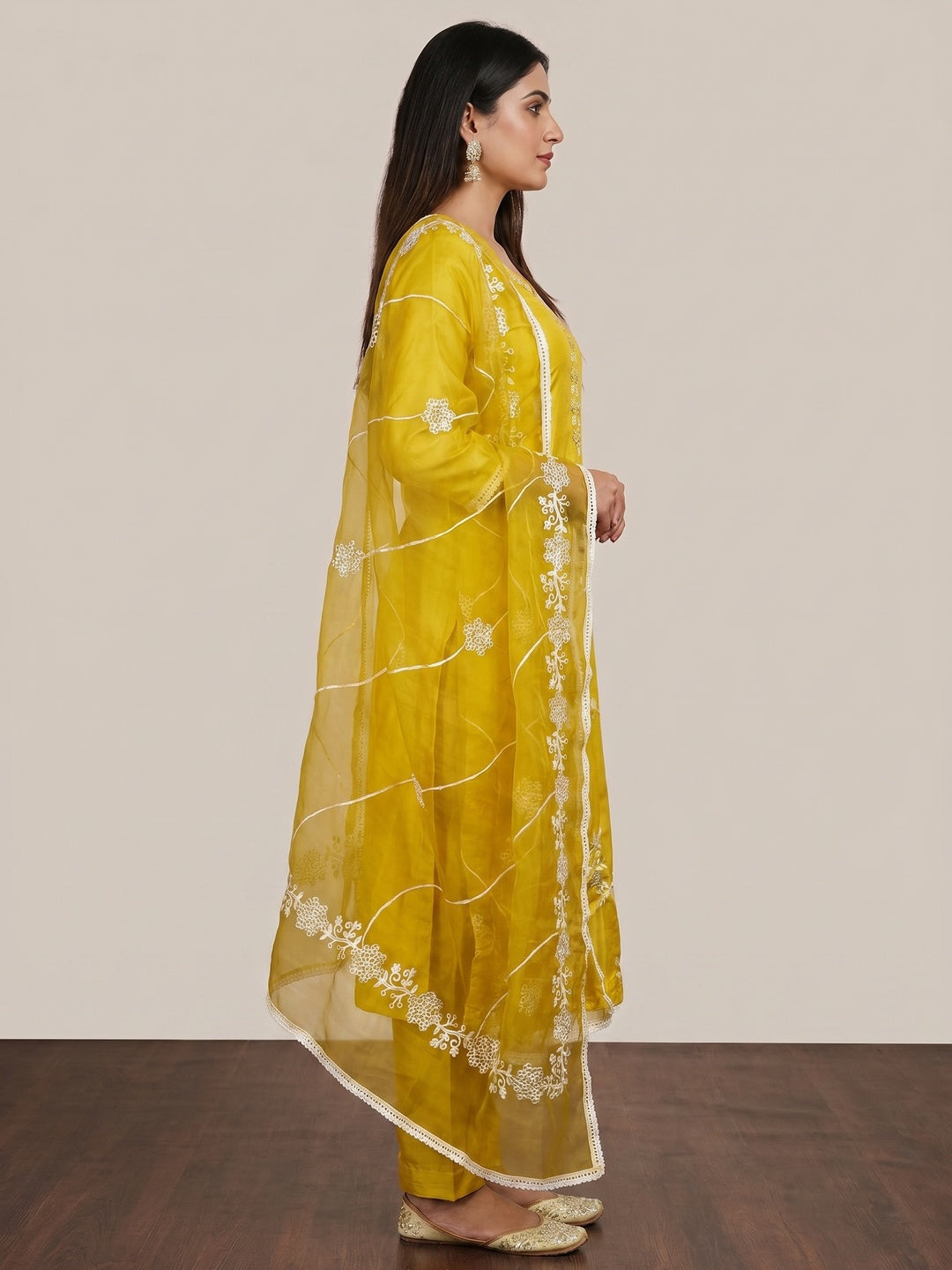 Yellow Floral Sequins Embroidery With Handwork Cotton Silk Dress Material - Image 2