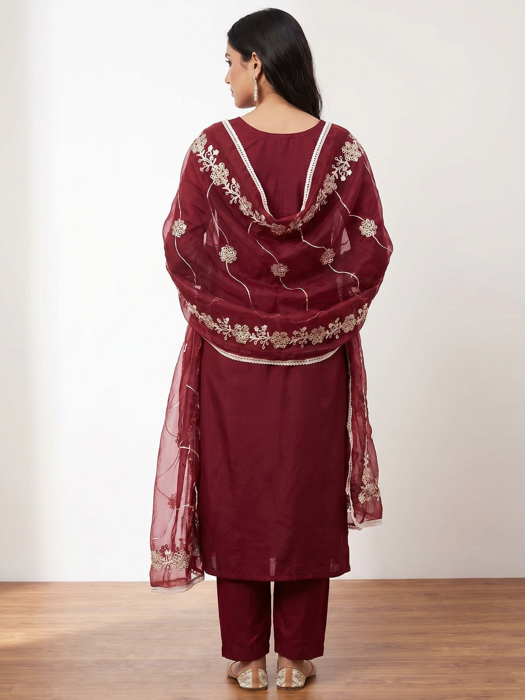 Maroon Floral Sequins Embroidery With Handwork Cotton Silk Dress Material - Image 3