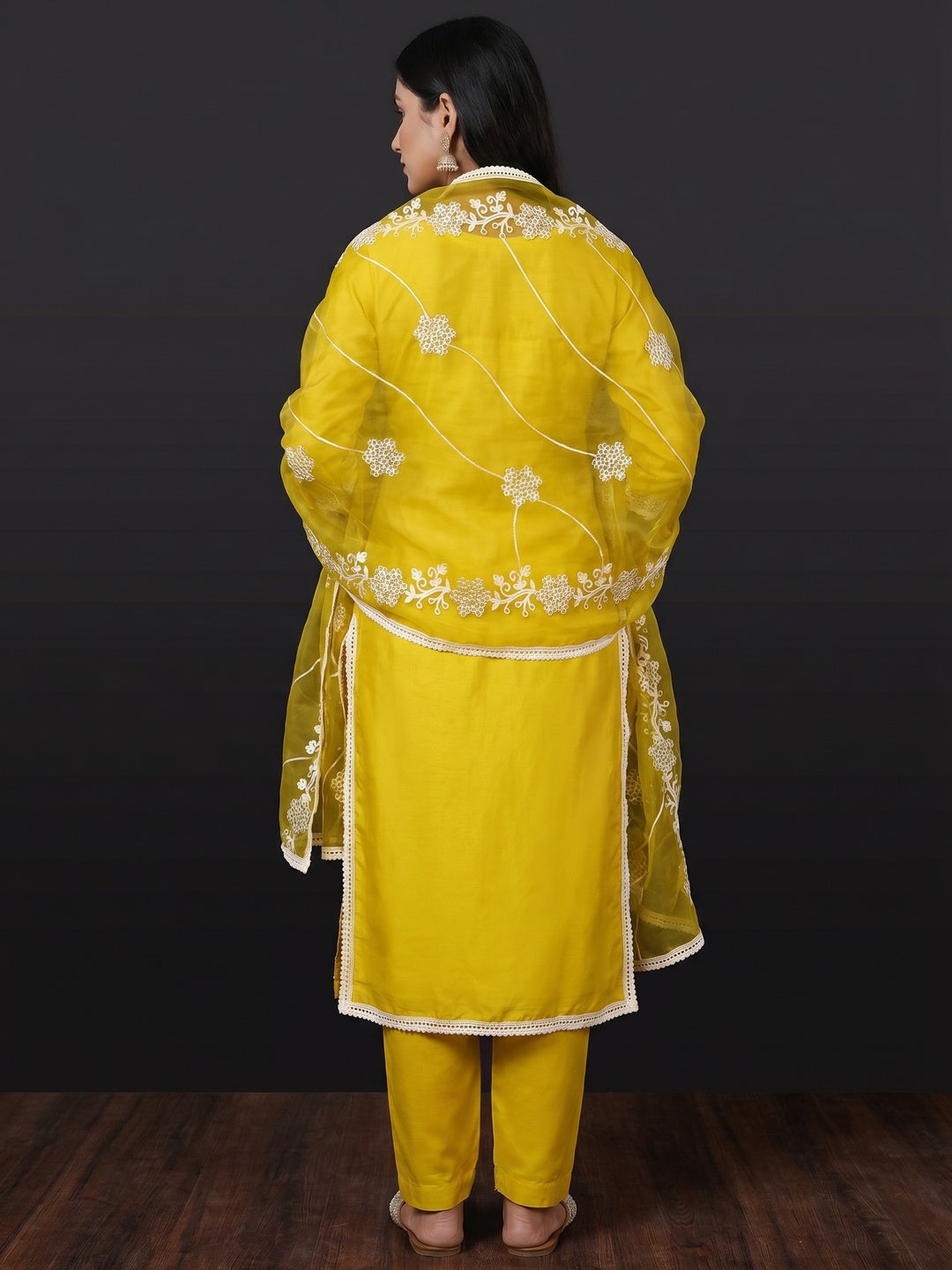 Yellow Floral Sequins Embroidery With Handwork Cotton Silk Dress Material - Image 3