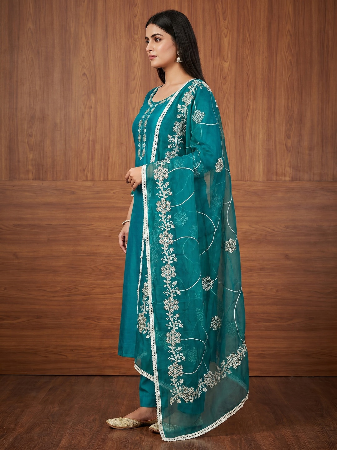 Rama Blue Floral Sequins Embroidery With Handwork Cotton Silk Dress Material - Image 3