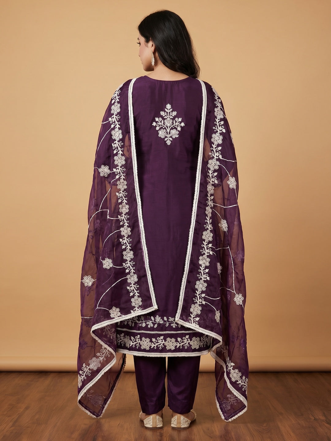 Purple Floral Sequins Embroidery With Handwork Cotton Silk Dress Material - Image 3