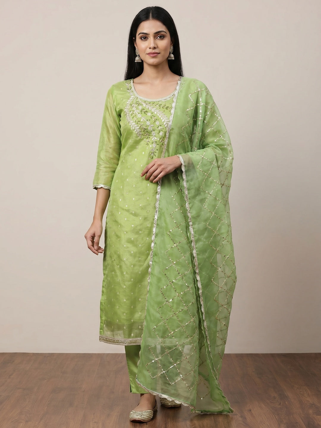 Green Woven With Handwork Shimmer Banarasi Silk Material Material - Image 1
