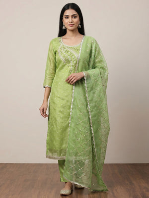 Green Woven With Handwork Shimmer Banarasi Silk Material Material - Image 1